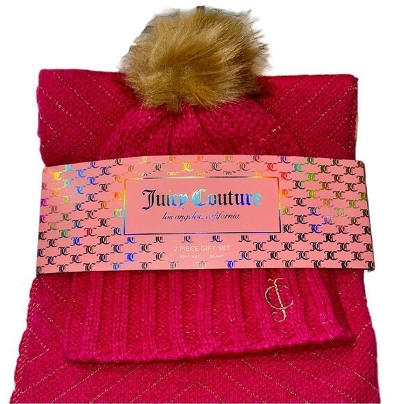 Juicy Couture 2 Piece Hot Pink Knit Hat & Scarf Gift Set Faux Fur Pom Pom Beanie - Picture 2 of 10